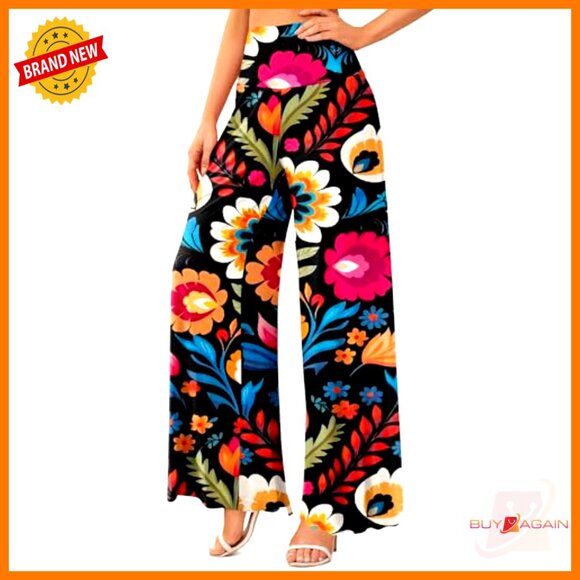 Stretchy High Waist Wide Leg Palazzo Lounge Pants S-3XL Polyester Spandex - Picture 2 of 7